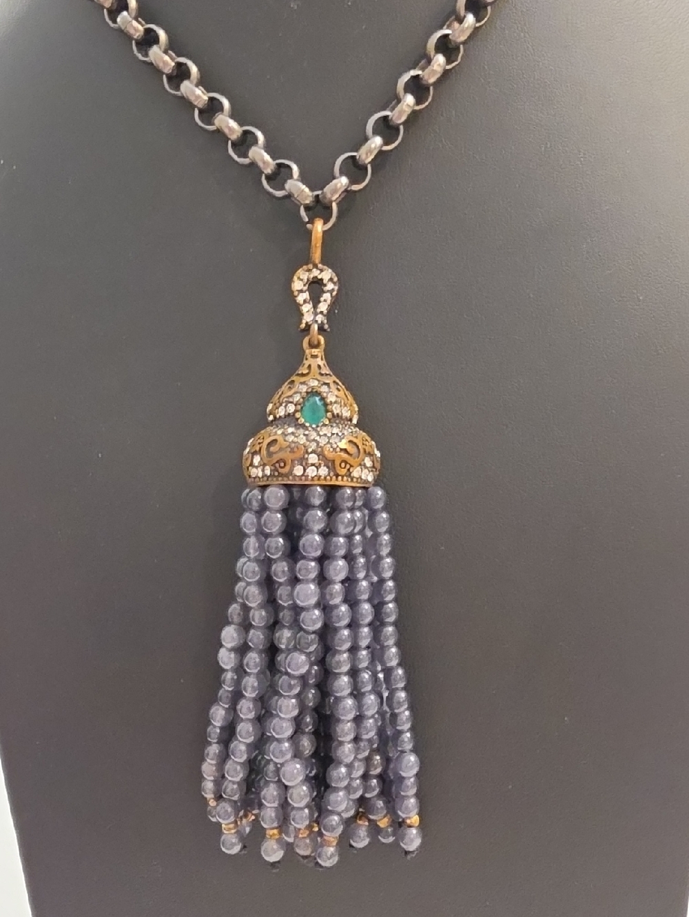 Turkish Necklace with Intricate Rhinestone Encrusted Gray Bead Fringe Pendant